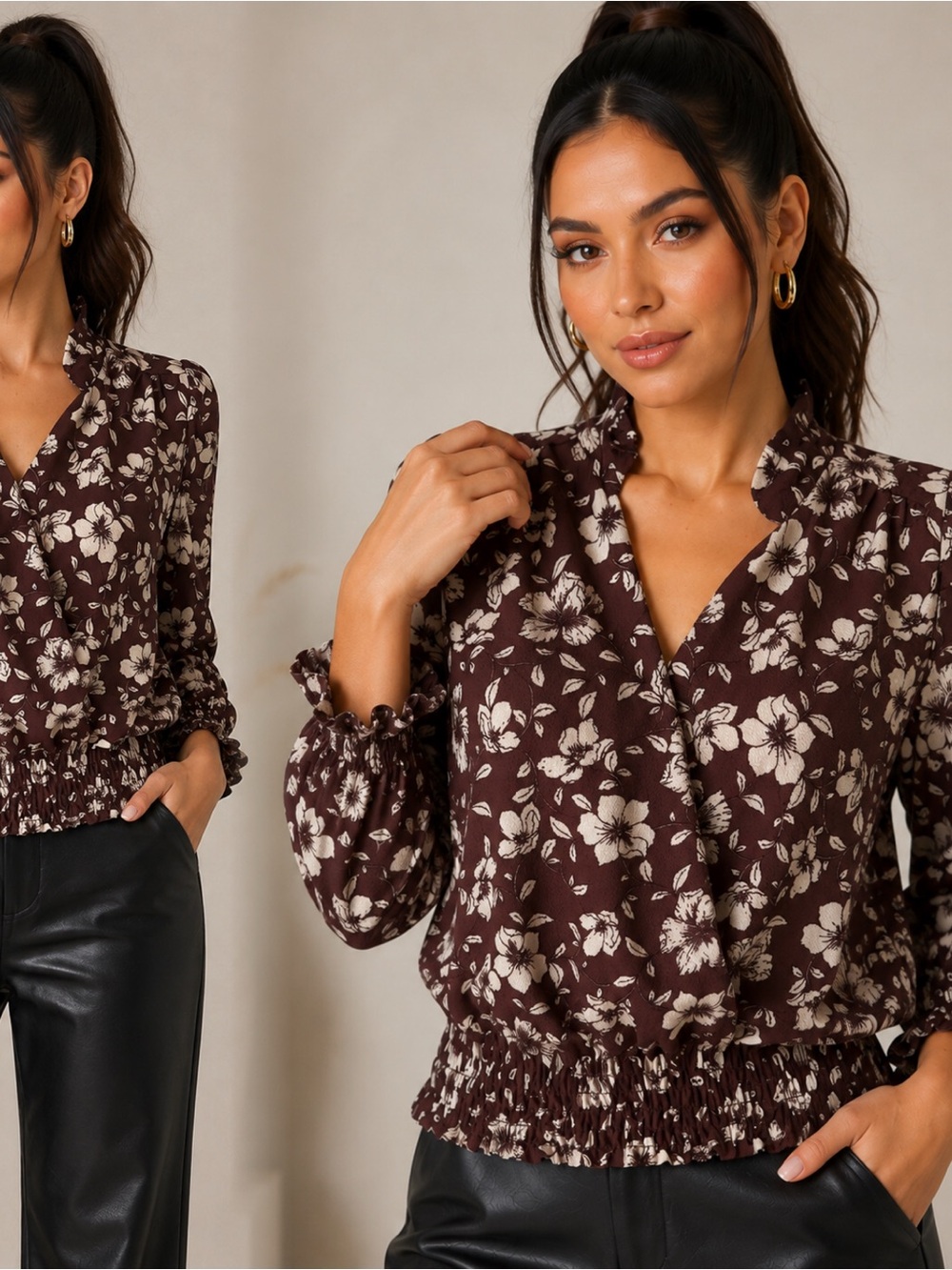 Women's Brown Floral V-Neck Smocked Hem Blouse